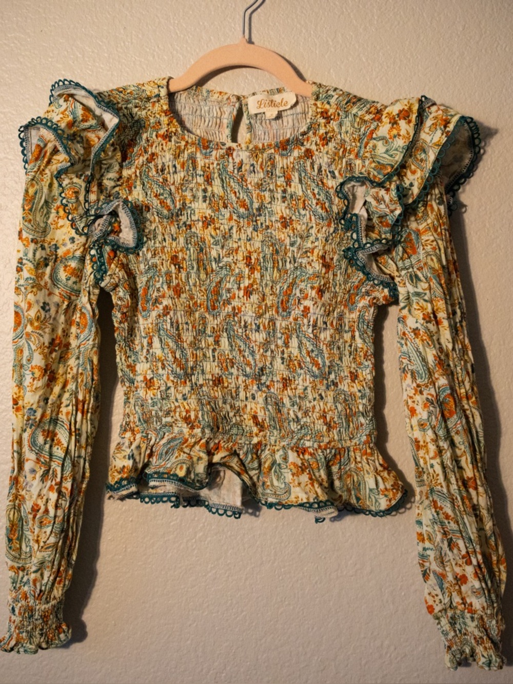 Listicle Smocked Floral Ruffle Top - Cream & Teal